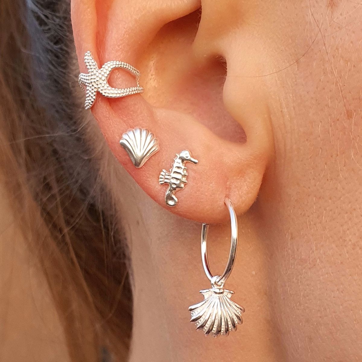 GENERICO - Aros mujer plata Caballito de mar y concha marina