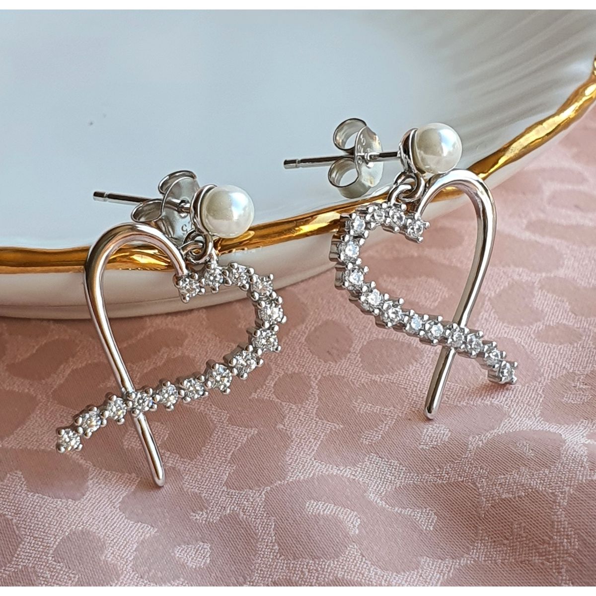 GENERICO - Aros de perla con corazón Plata 925 chapada oro blanco