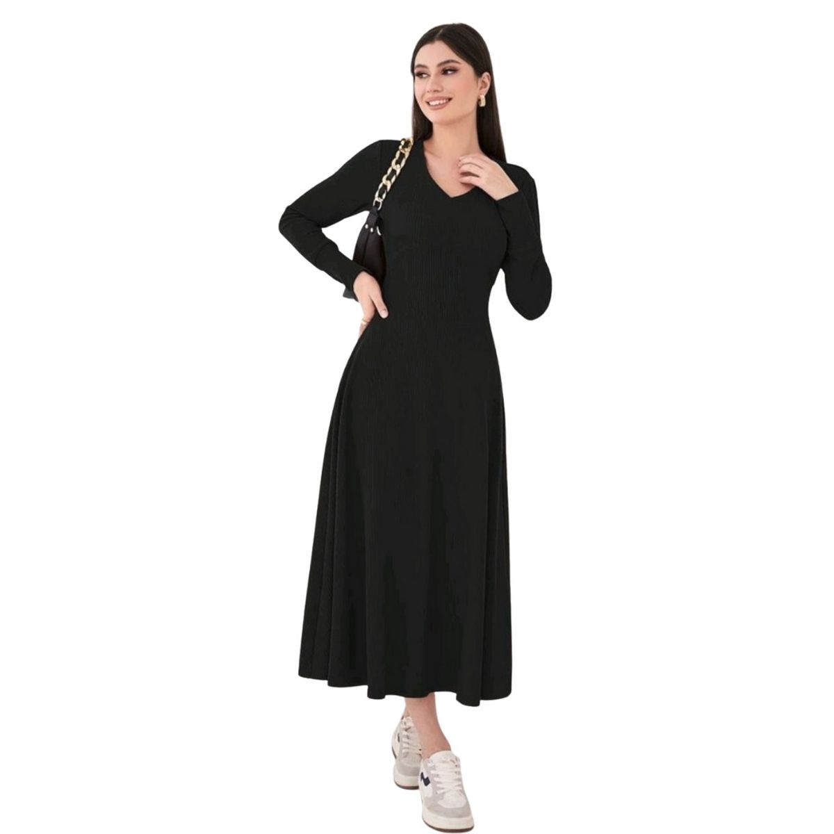 GENERICO - VESTIDO LARGO CUELLO V  ACAMPANADO OTOÑO INVIERNO MODELO I042