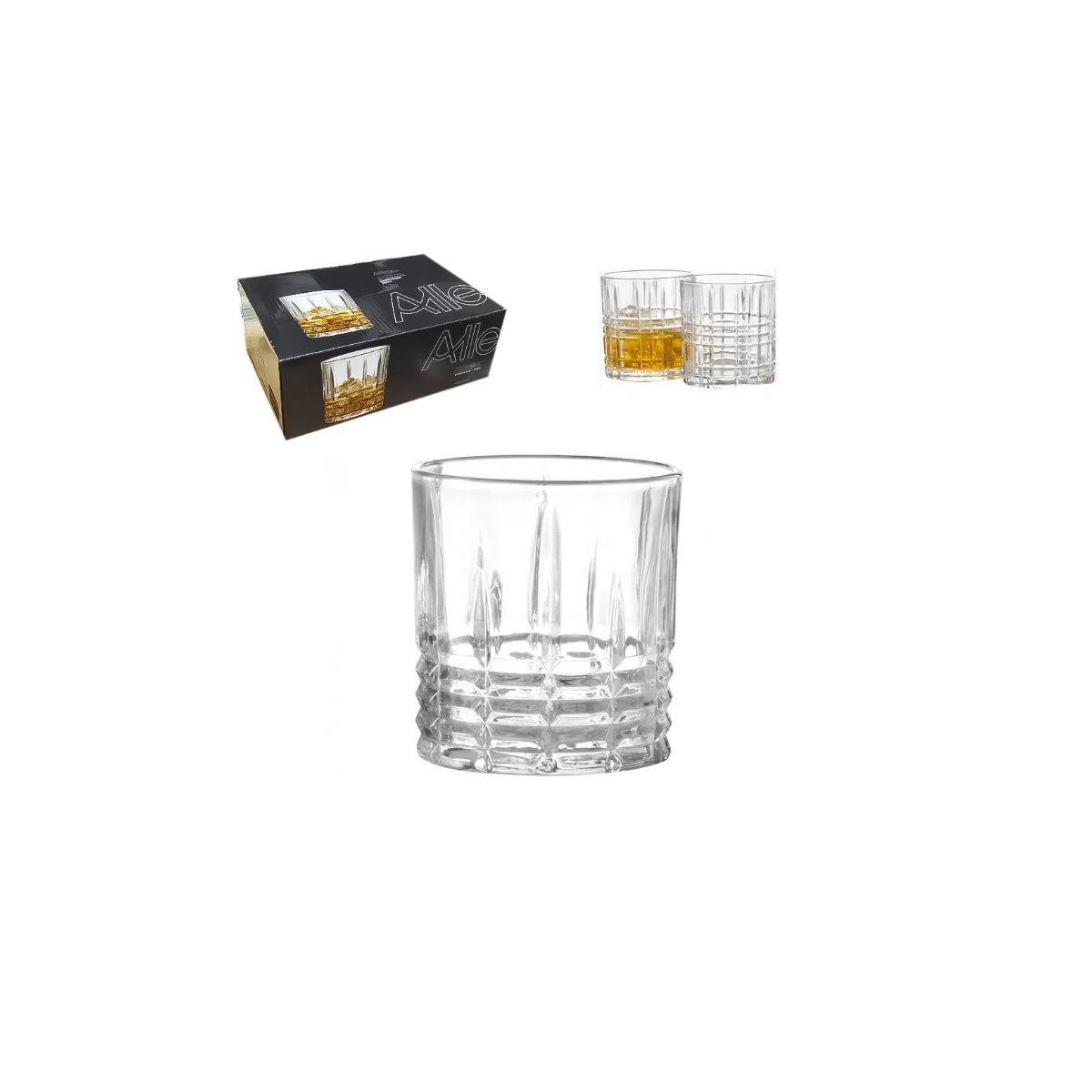 ALLEGRA - Set 6 Vasos de Whisky Bajos Vidrio Grueso Tallado 320Cc