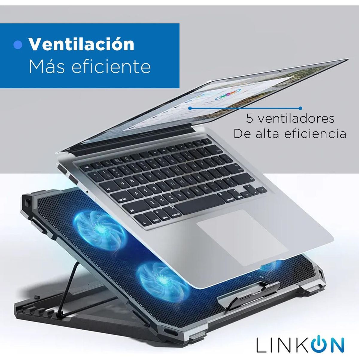 LINKON - Base Cooler 5 Ventiladores Enfriador Notebook Luz 2 USB