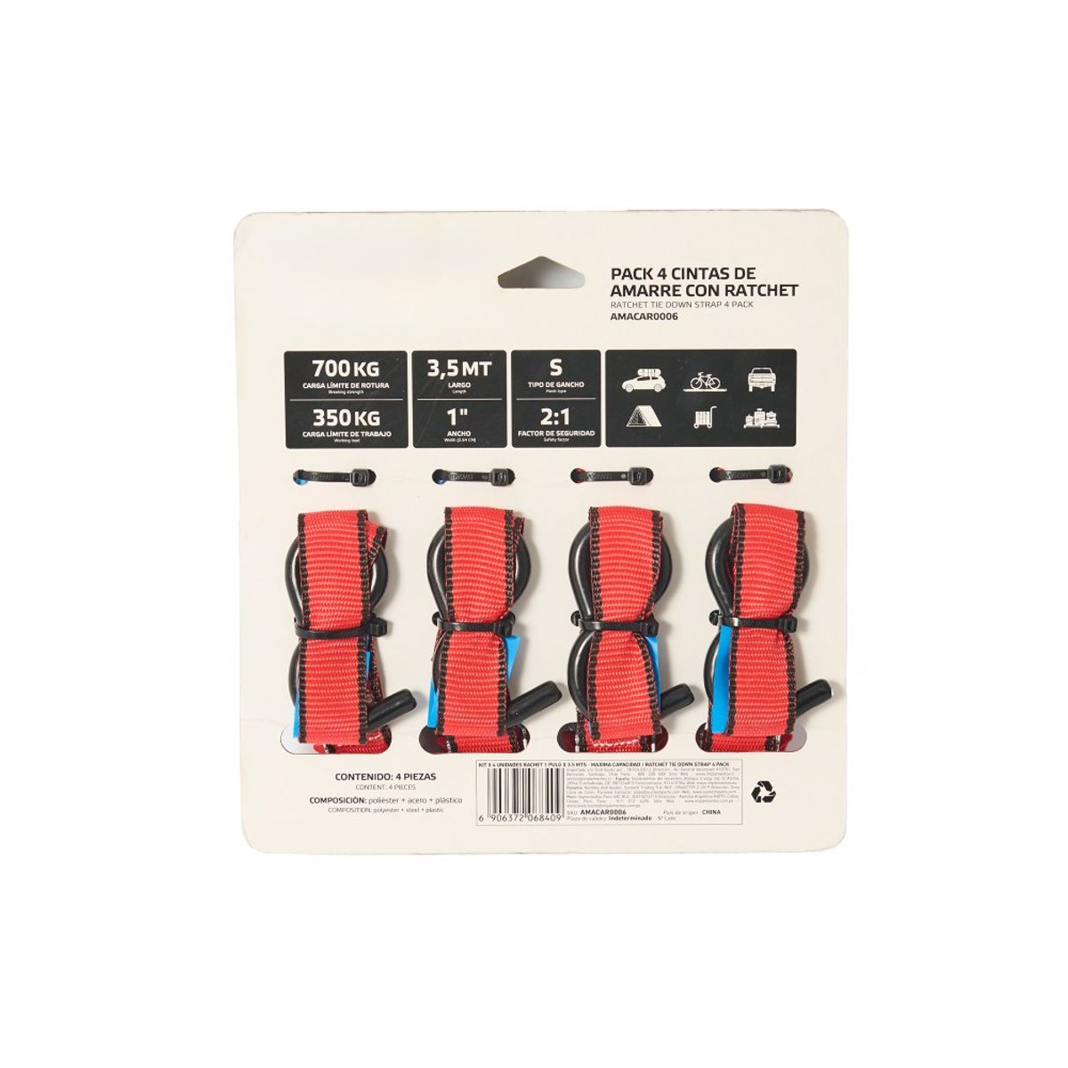 BLACKSMITH - Set 4 Un. Eslinga 3,5 Mts, Carga Máxima 400 Kg. Con Rachet