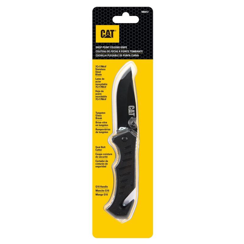 CAT - CUCHILLO NAVAJA PLEGABLE CAT 980012 PUNTA CURVA CON ROTURA DE VIDRIO Y CORTADOR DE BANDA - Negro