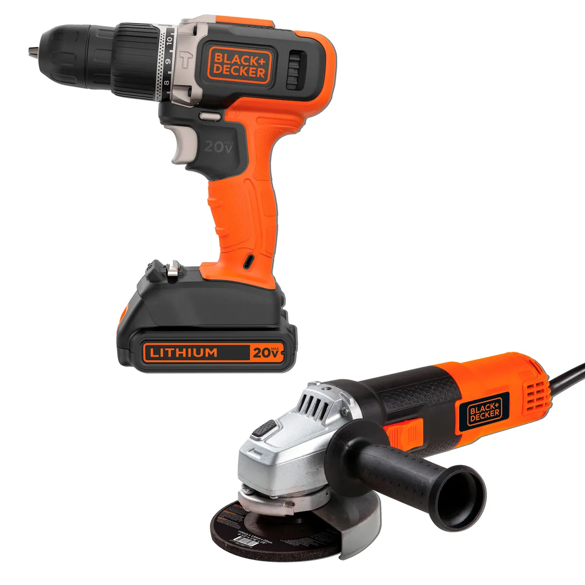 BLACK+DECKER - Taladro Atornillador 20V + Esmeril Angular 4-1/2 820W BLACK+DECKER
