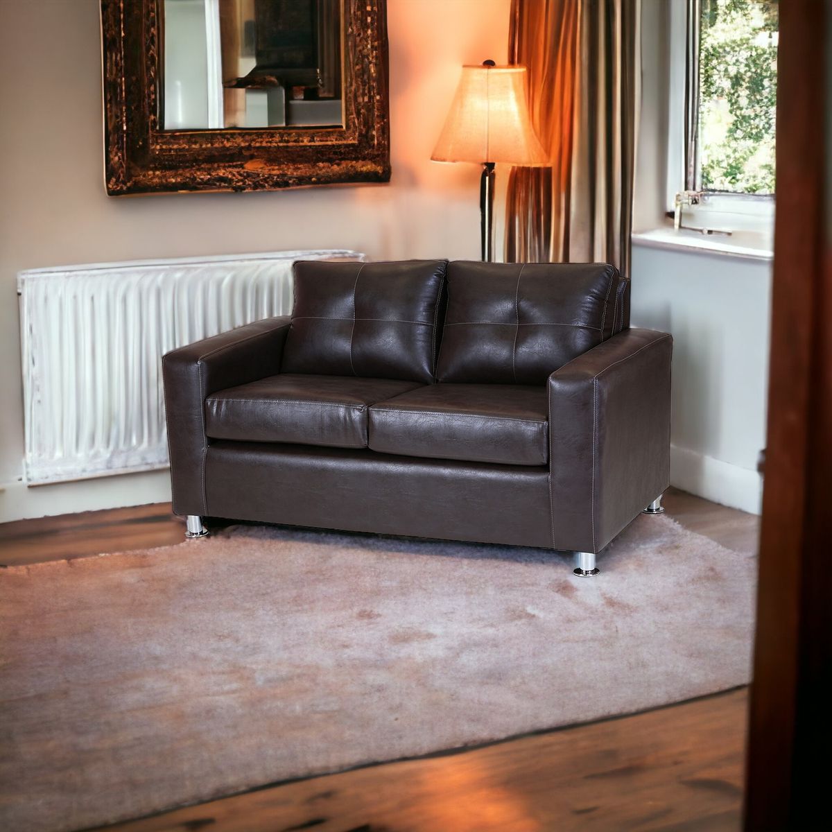 MUEBLES AMERICA - Sofá George 2 Cuerpos Cuero Sintético Café