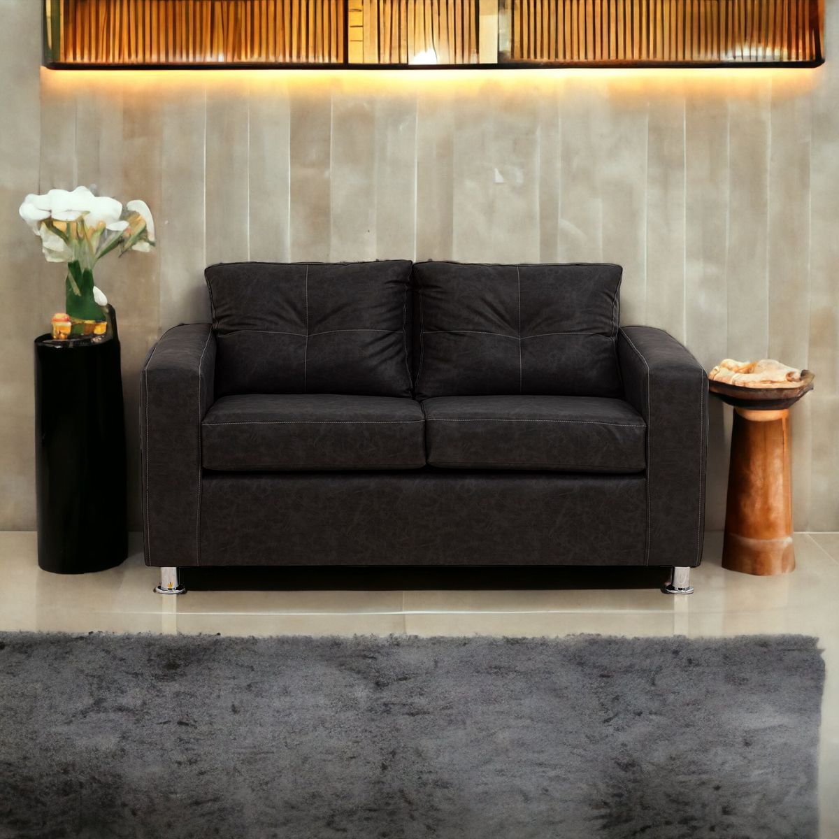 MUEBLES AMERICA - Sofá George 2 Cuerpos Cuero Auris Negro.