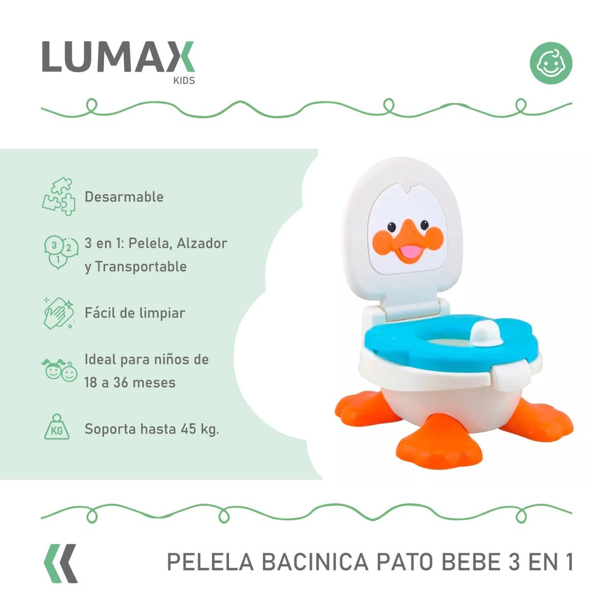 LUMAX - Pelela Bacinica Pato Bebe 3 En 1 Niño O Niña Celeste.
