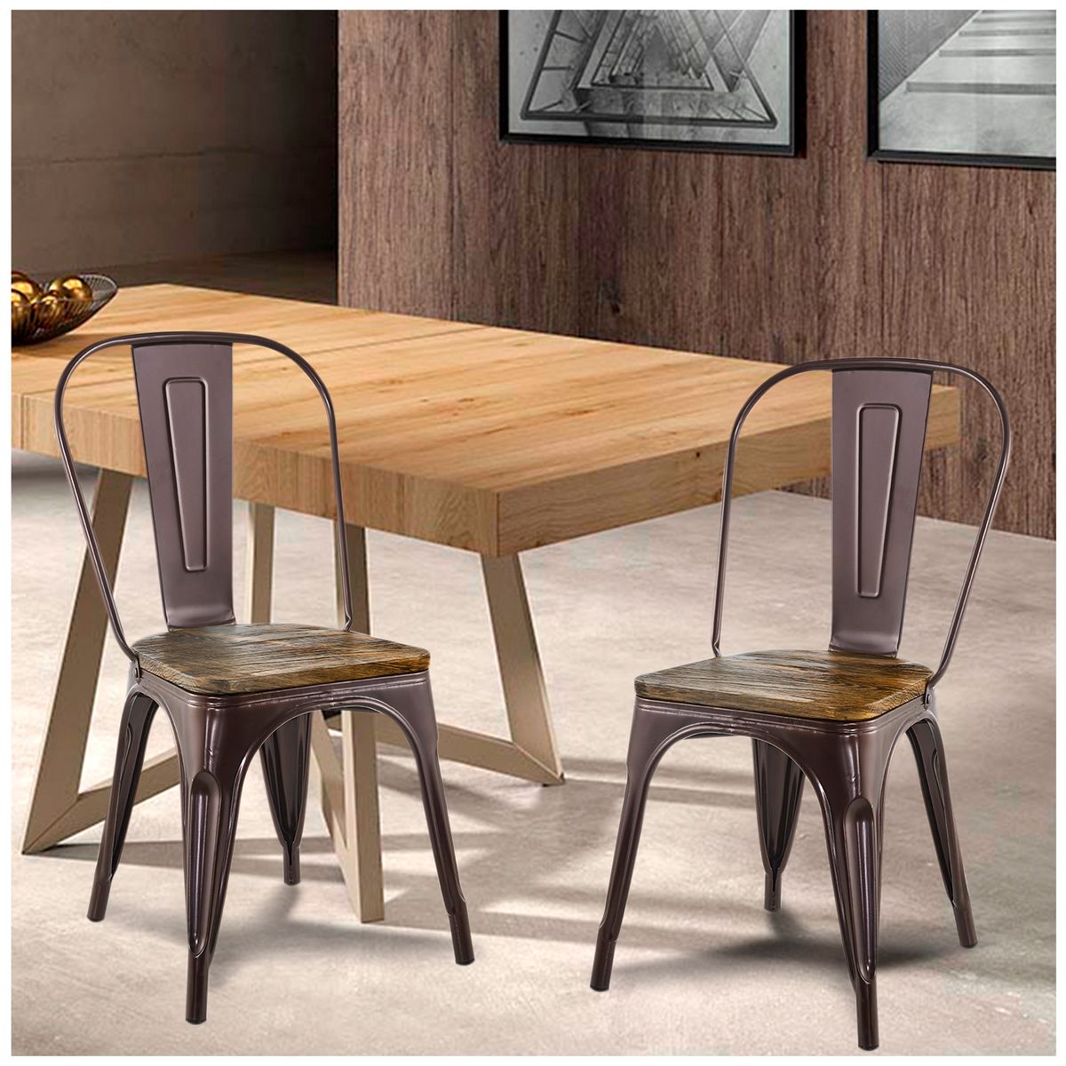 NOVAHUS - Pack 4 Sillas Tolix Vintage Asiento Madera Café