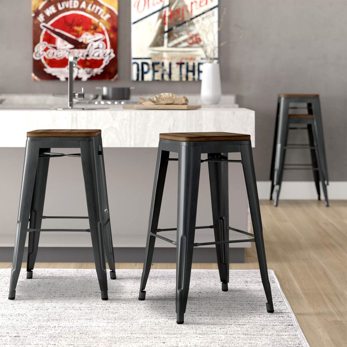 NOVAHUS - Pack 4 Piso metal Tolix asiento madera Negro