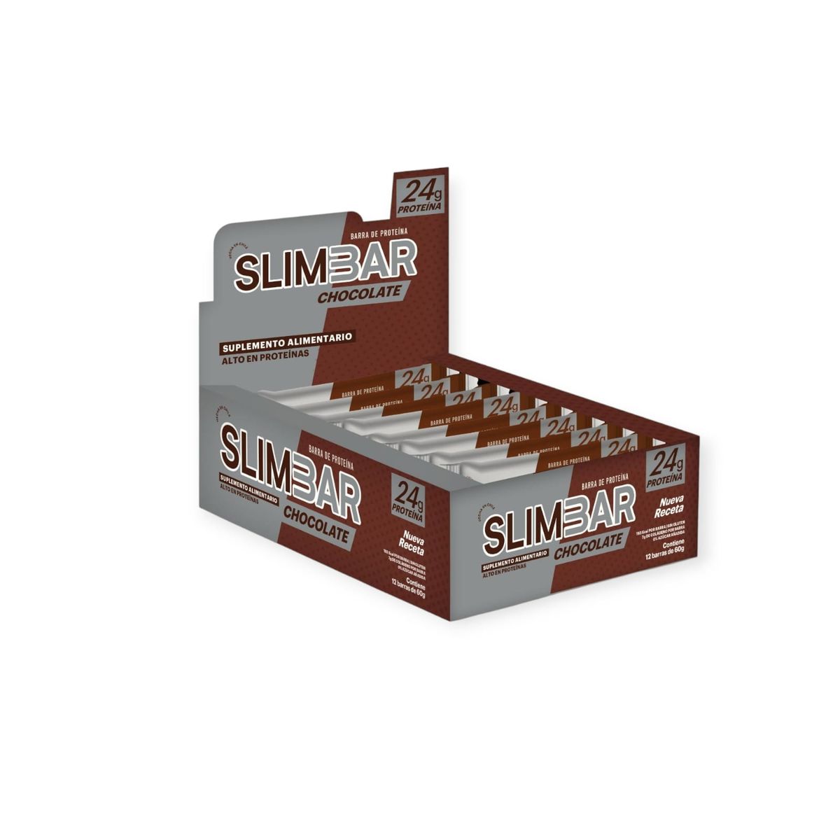 SLIMBAR - Box de 12 Barras de proteína 23gr de proteína 60gr Chocolate SLIMBAR