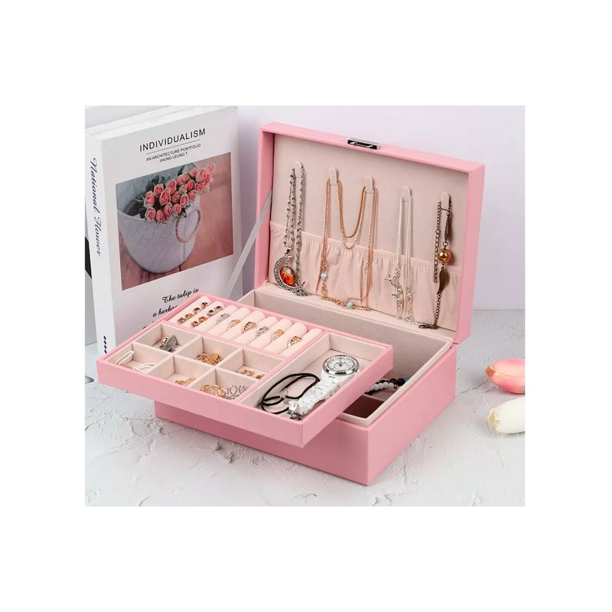 GENERICO - Maletin Organizador 2 Niveles De Joyas Rosado