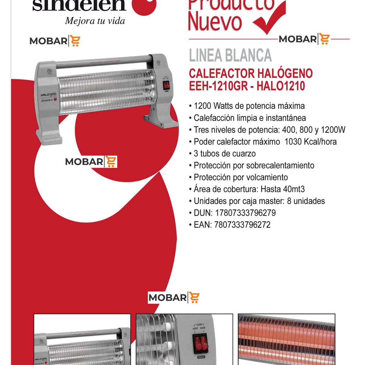 SINDELEN - Calefactor Electrico Bajo Consumo Estufa Halogena Sindelen Eeh-1210
