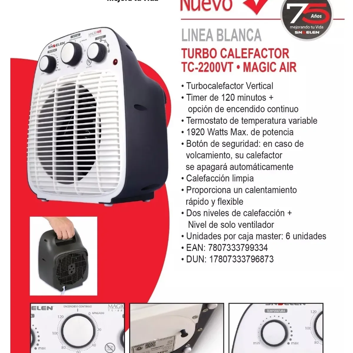 SINDELEN - Calefactor Electrico Estufa Termoventilador Timer Sindelen TC-2200VT