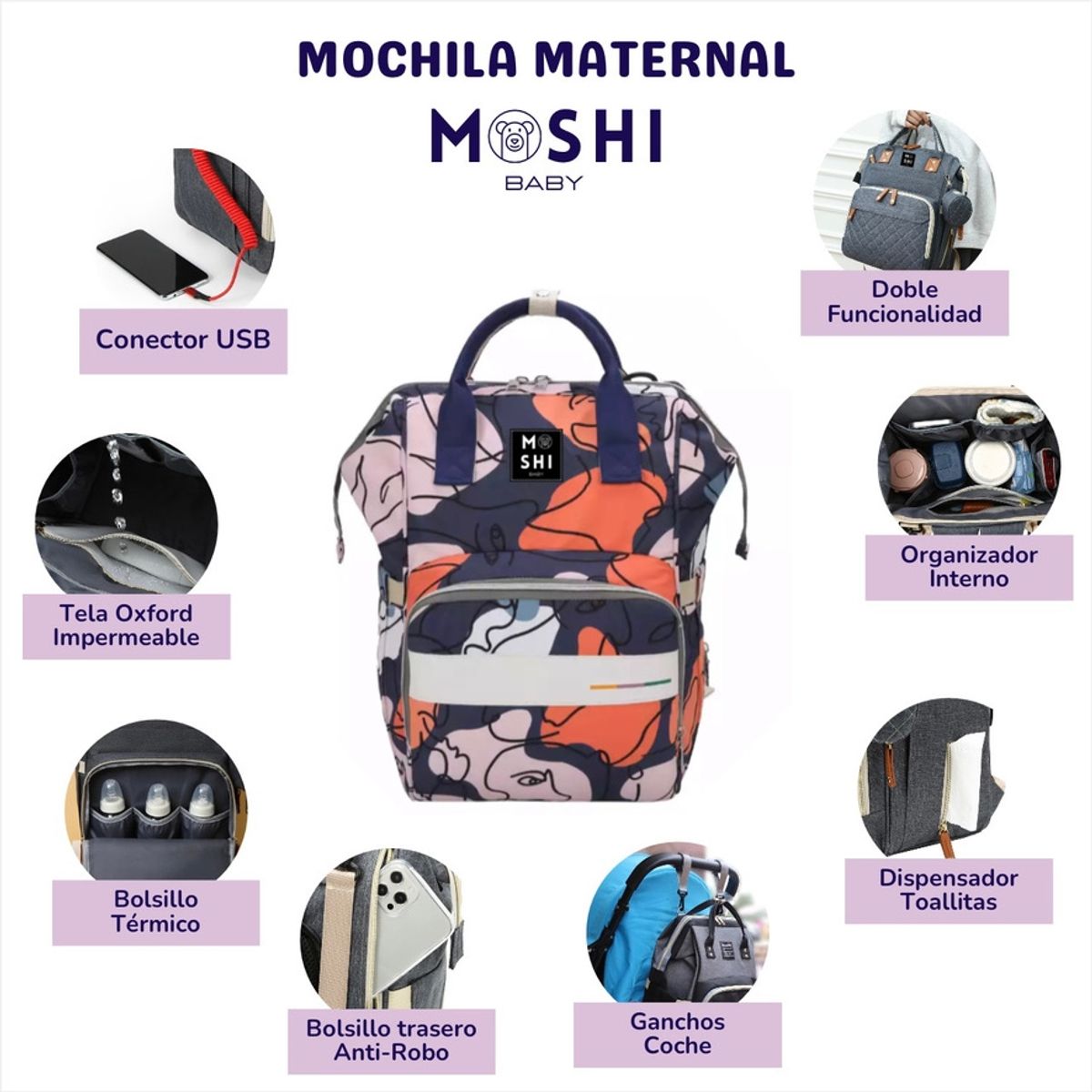 GENERICO - Bolso Mochila Maternal Pañalera Diseño Face Aesthetic Colores