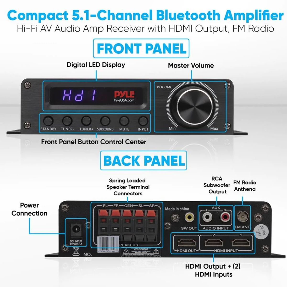 PYLE - Receiver Amplificadfor Compacto 5.1 Bluetooth Para Home Theather
