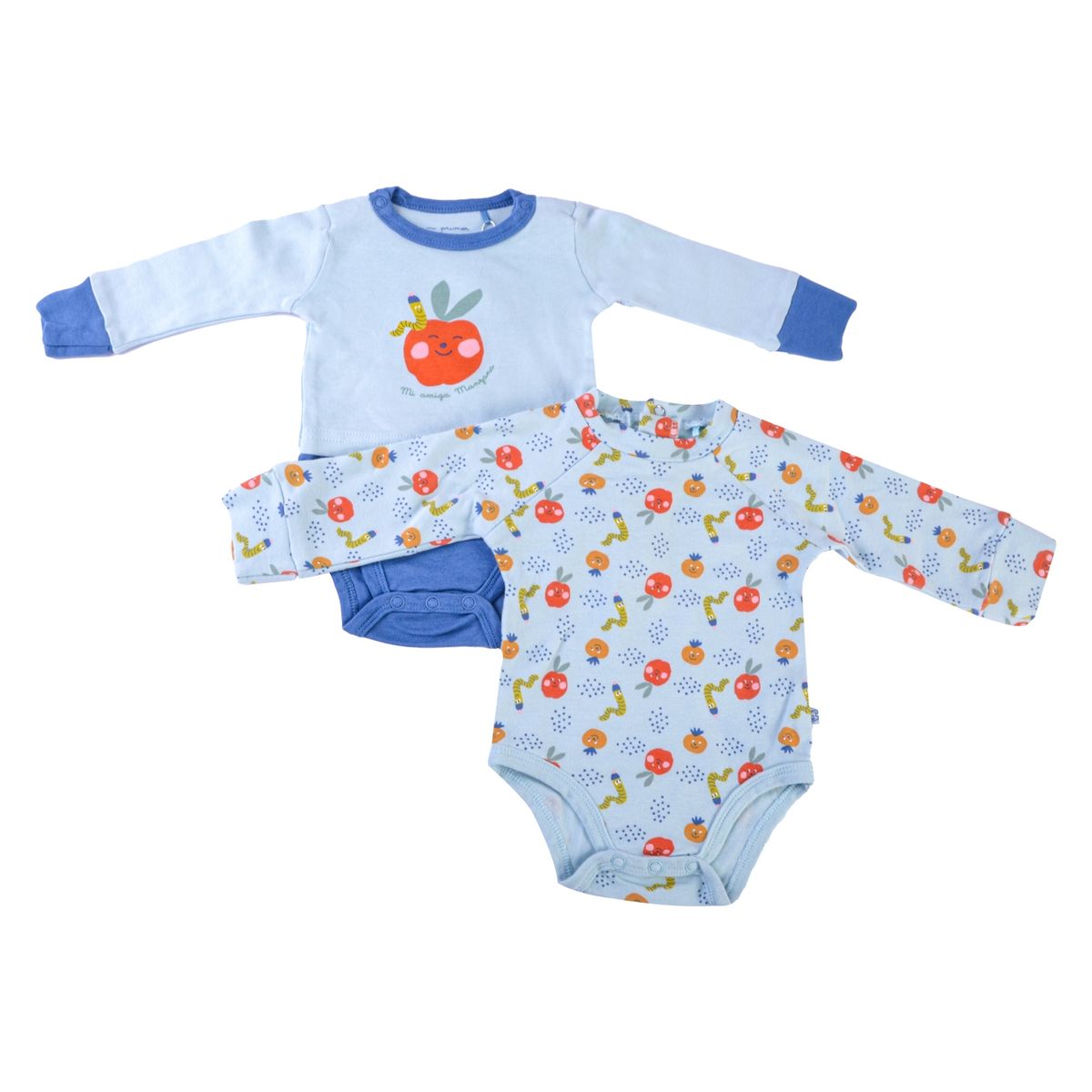 PILLIN - Set 2 Pzas Body Orgánico Manga Larga Bebé Niño Multicolor Pillin - Celeste