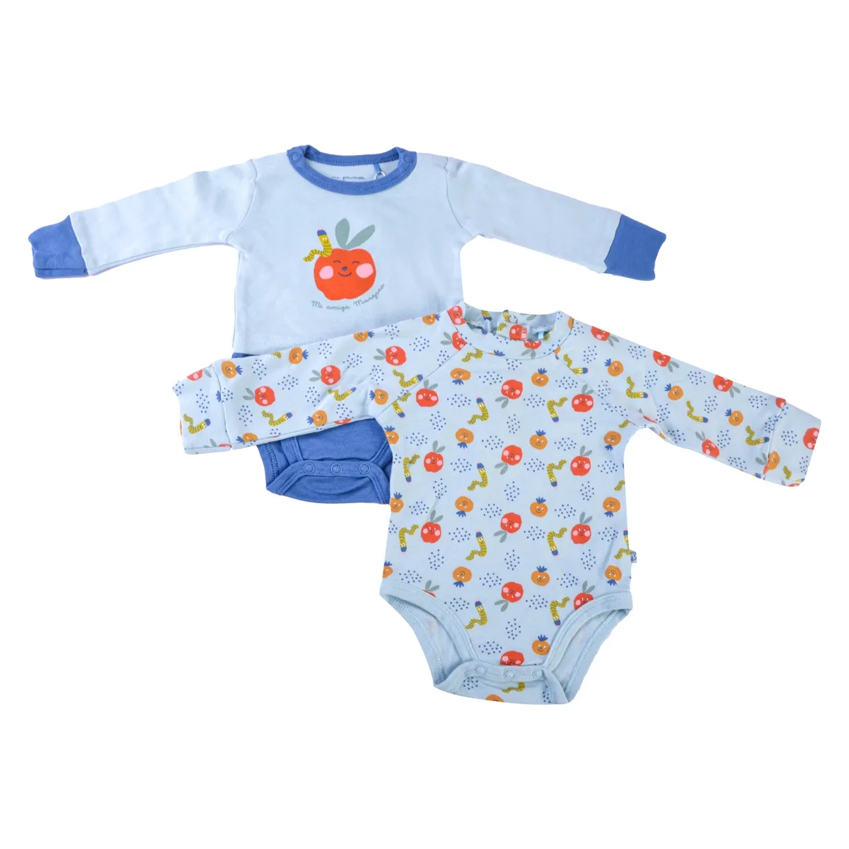 PILLIN - Set 2 Pzas Body Orgánico Manga Larga Bebé Niño Multicolor Pillin - Celeste