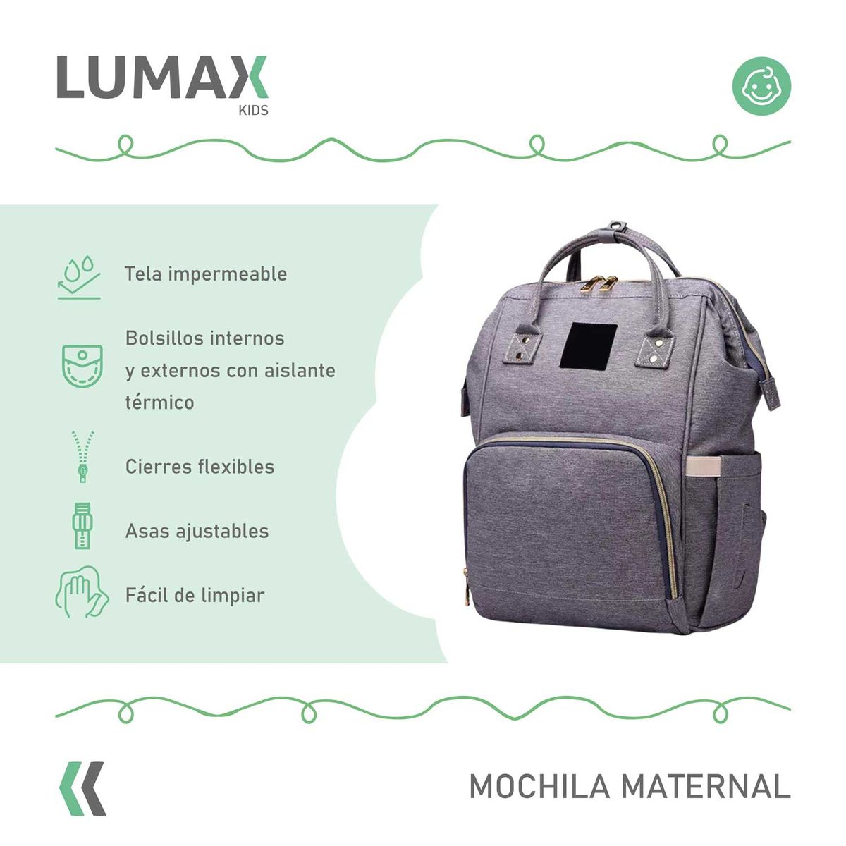 LUMAX - Bolso Mochila Maternal Fashion Alta Calidad Gris