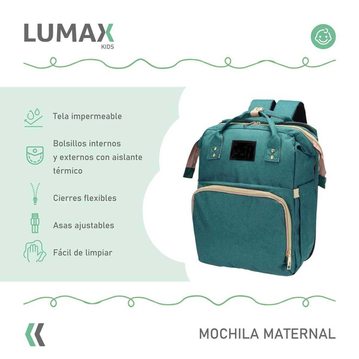 LUMAX - Bolso Mochila Maternal Fashion Alta Calidad Verde