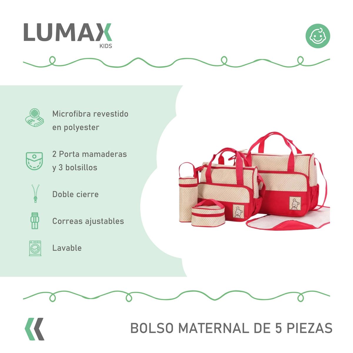 LUMAX - Bolso Maternal 5 Piezas Mudador Bebes Rojo