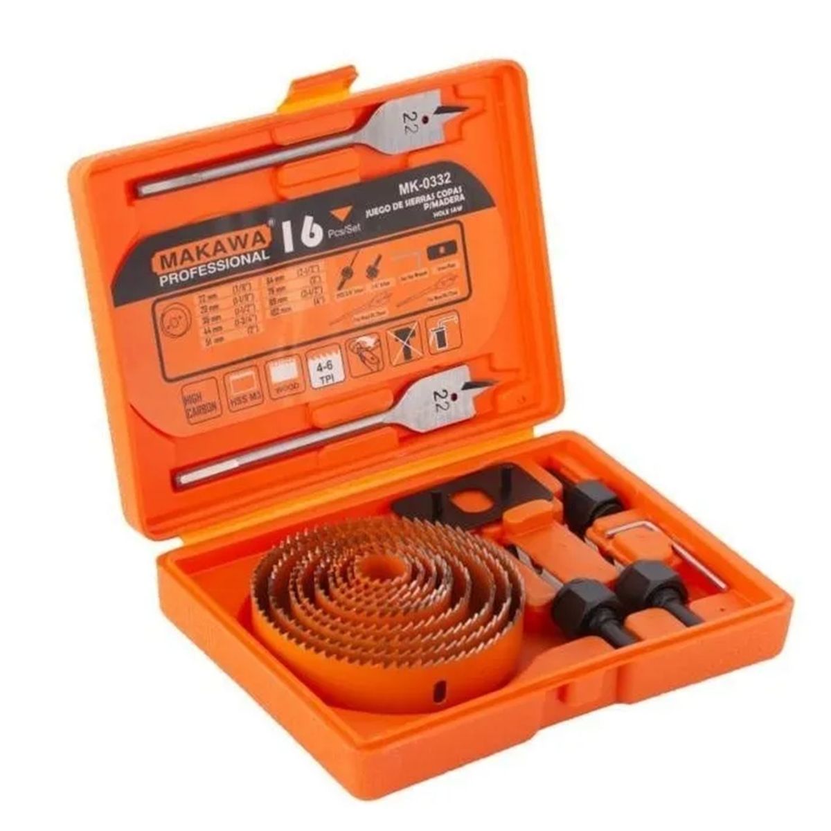 MAKAWA - Juego Hoja Broca Sierra Copa Para Madera 16 Piezas Makawa