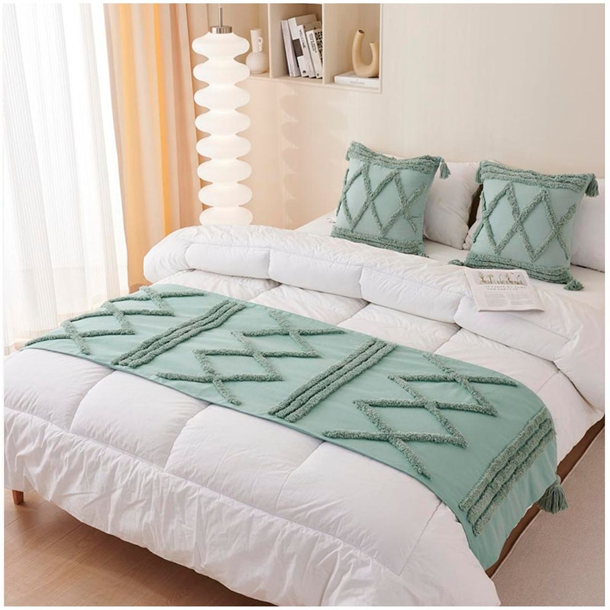 GENERICO - Set Piecera Boho Verde 60 X 200 +2 fundas