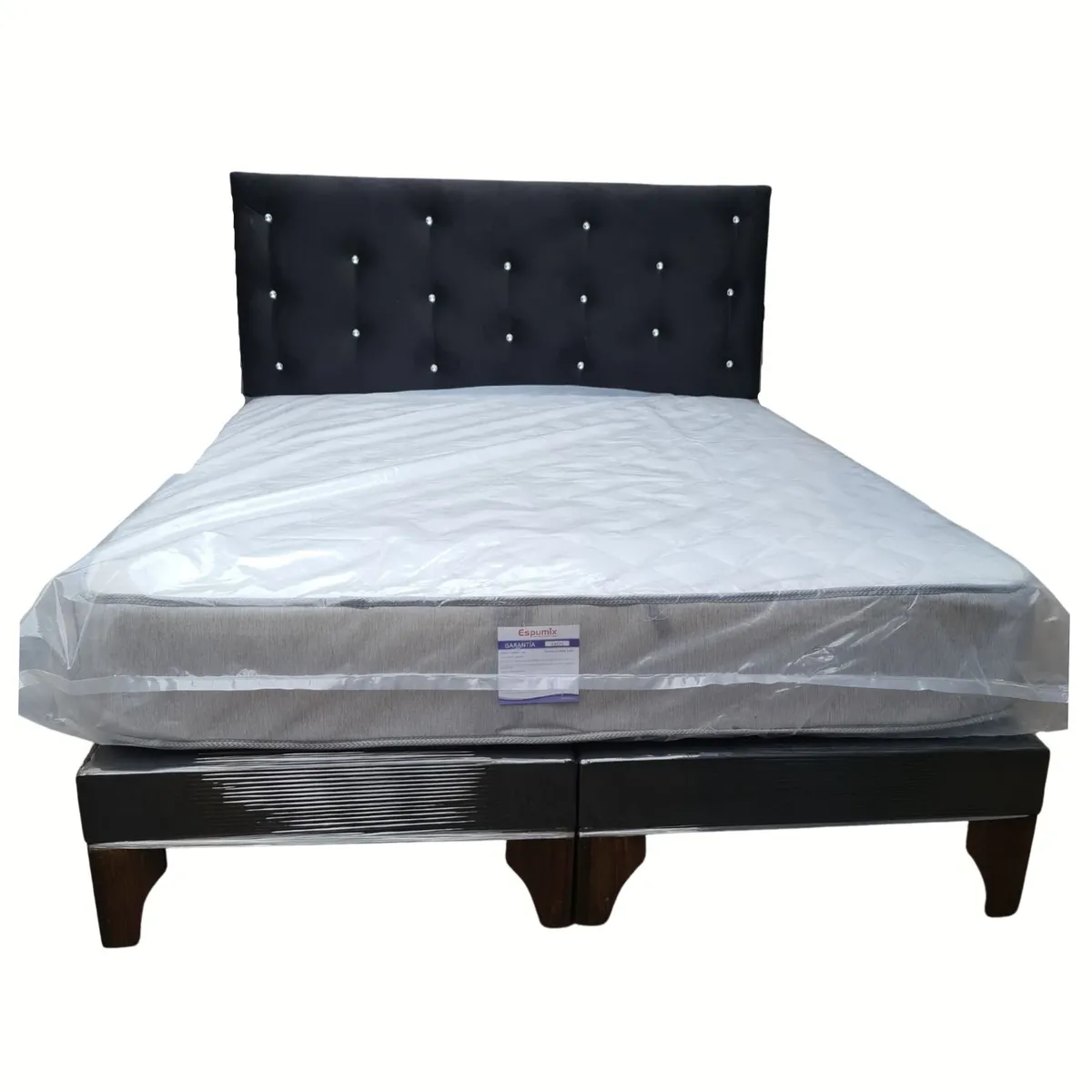 GENERICO - Cama Europea 2 Plazas Respaldo Negro Felpa Diamante Colchón Resorte