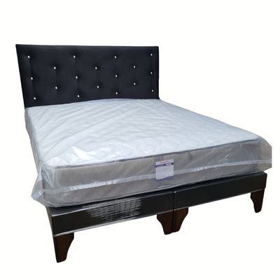 Imagen 2 del producto Cama Europea 2 Plazas Respaldo Negro Felpa Diamante Colchón Resorte