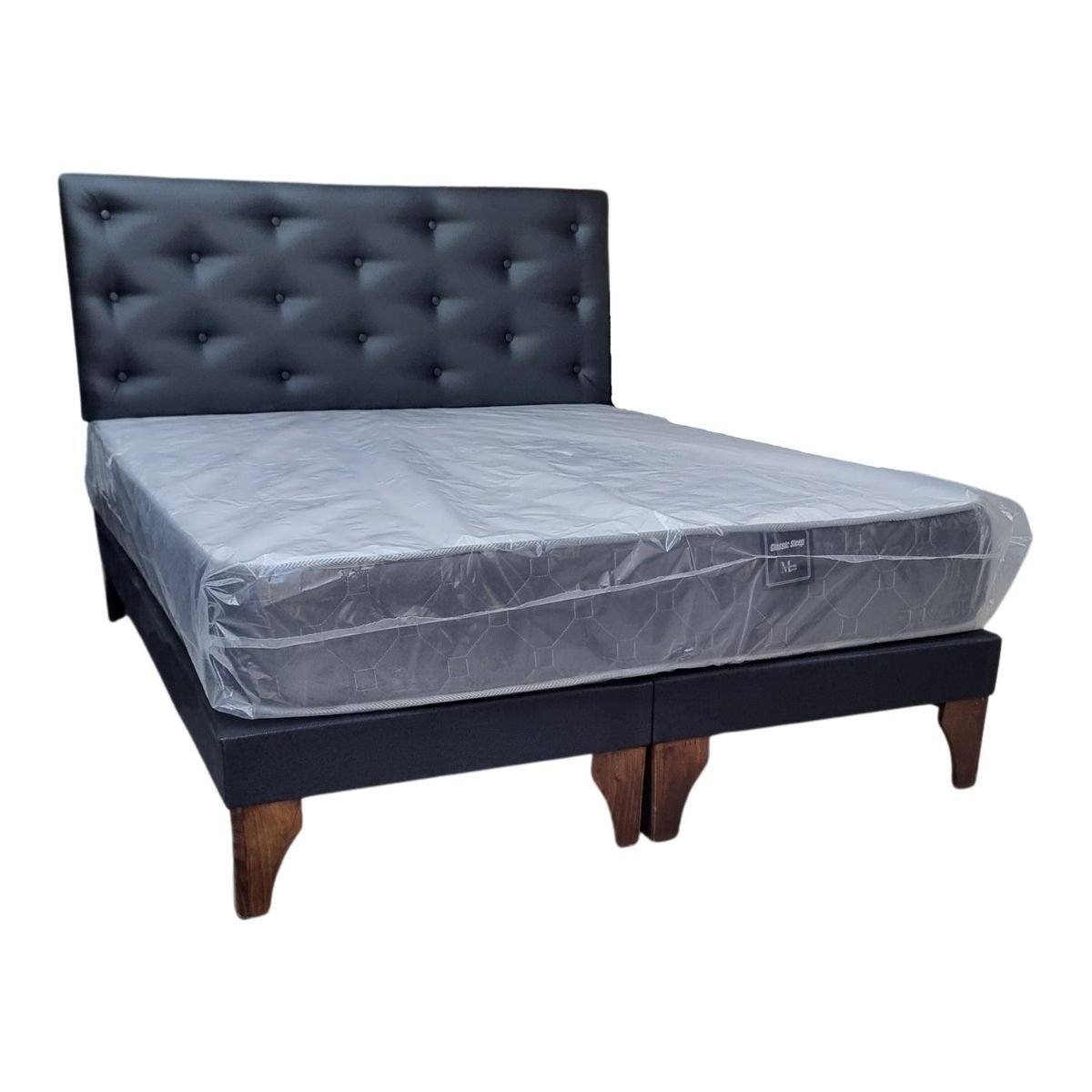 GENERICO - Cama Europea 2 Plazas Respaldo Negro Eco Cuero Colchón Resorte