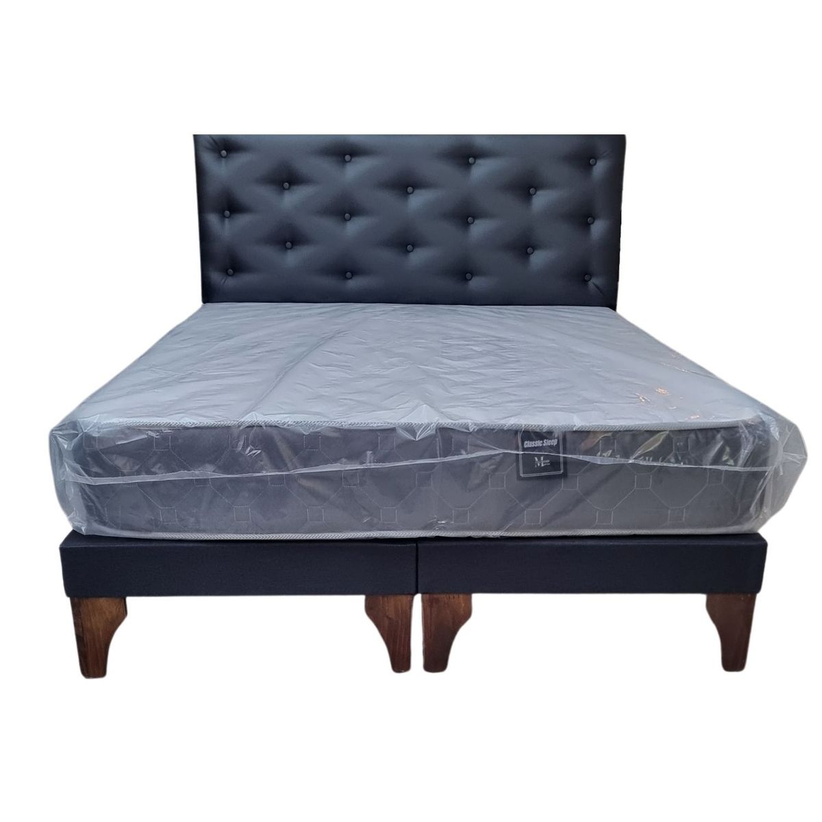 GENERICO - Cama Europea 2 Plazas Respaldo Negro Eco Cuero Colchón Resorte