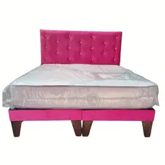 GENERICO - Cama Europea 2 Plazas Respaldo Fucsia Felpa Diamante Colchón Resorte.