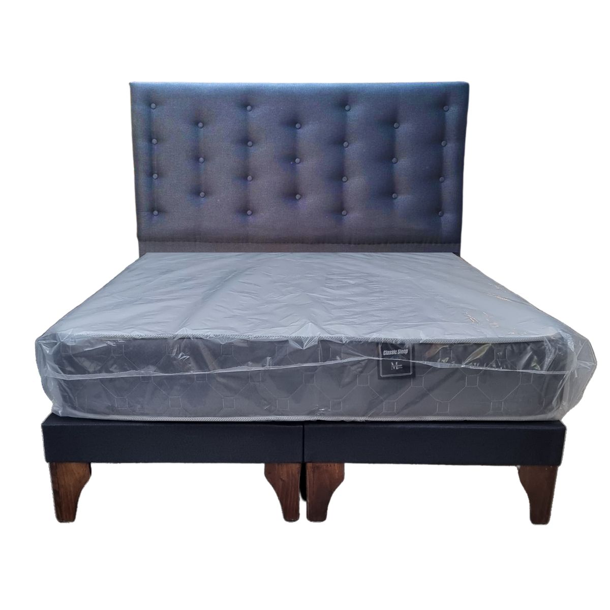 GENERICO - Cama Europea 2 Plazas + Respaldo Negro A Piso + Colchón Resorte