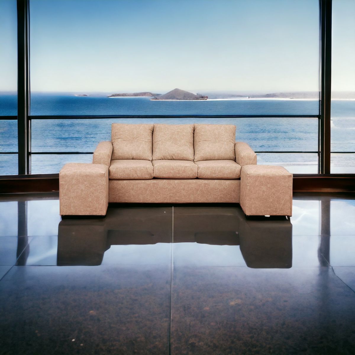 MUEBLES AMERICA - Living Emilia Sofá 3 Cuerpos 2 Pouf Auris Beige