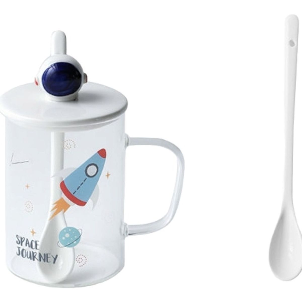 GENERICO - Taza De Vidrio De Astronauta Con Tapa Y Cuchara Cerámica MK65 B