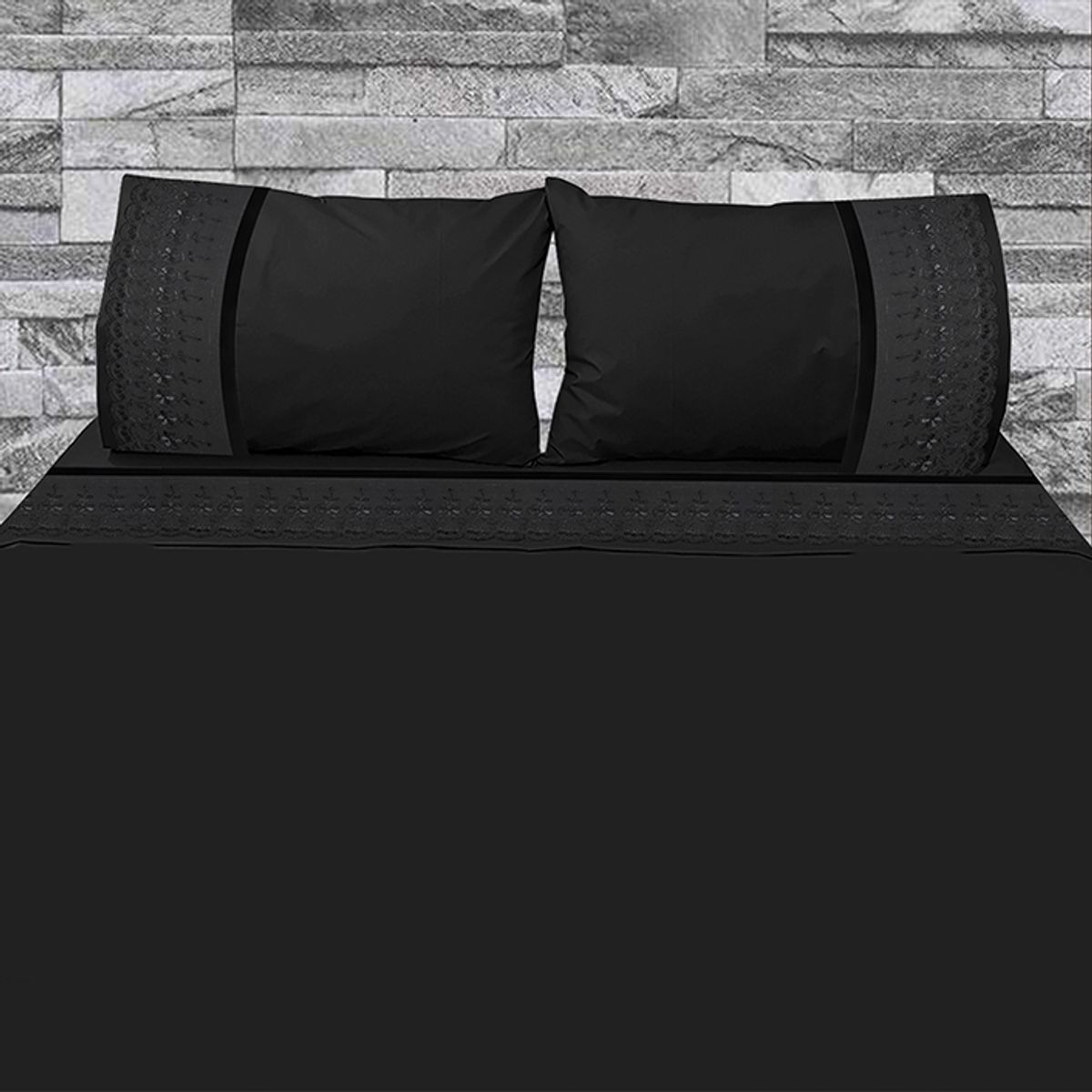 VICTORIANAS - Juego De Sabanas Queen Dark Broderie Negro 300 Hilos