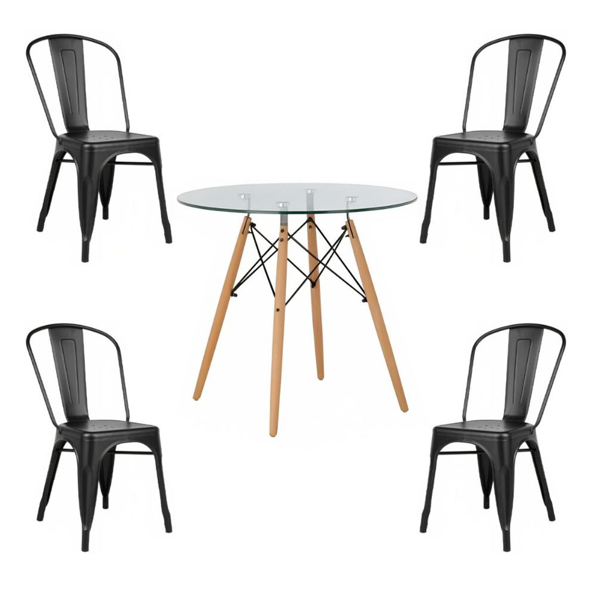 KLIK - COMEDOR MESA REDONDA VIDRIO 80CM + 4 SILLAS TOLIX NEGRAS KLIK
