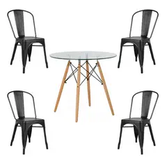 KLIK - COMEDOR MESA REDONDA VIDRIO 80CM + 4 SILLAS TOLIX NEGRAS