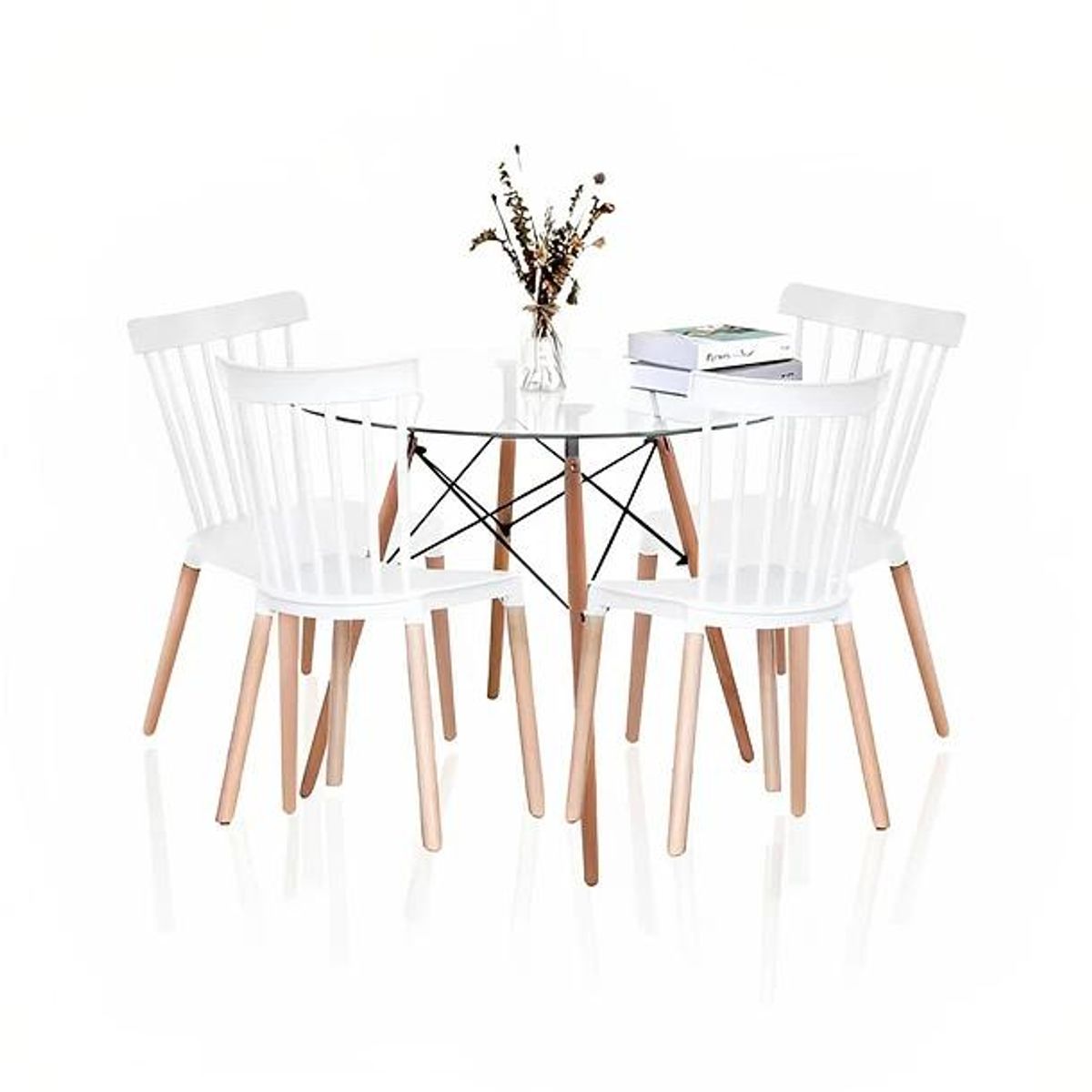 KLIK - Comedor Mesa Eames Redonda vidrio 80cm + 4 Sillas Windsor Blancas KLIK