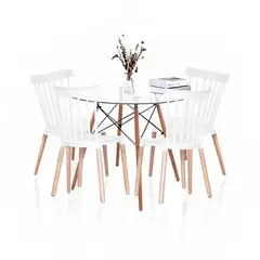 KLIK - Comedor Mesa Eames Redonda vidrio 80cm + 4 Sillas Windsor Blancas