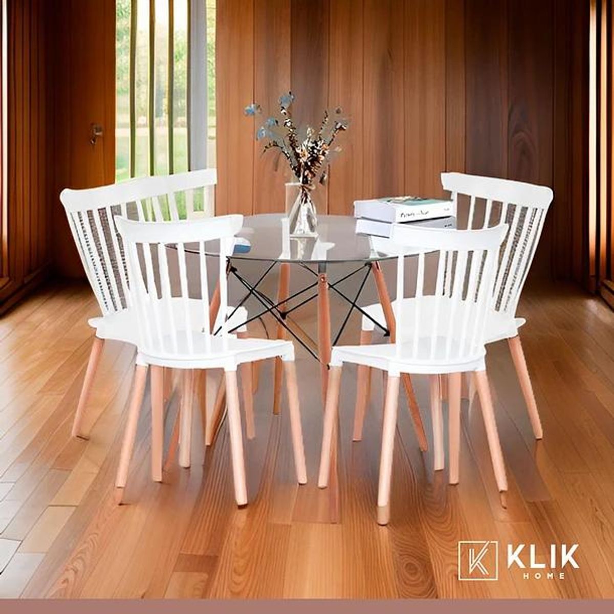 KLIK - Comedor Mesa Eames Redonda vidrio 80cm + 4 Sillas Windsor Blancas KLIK