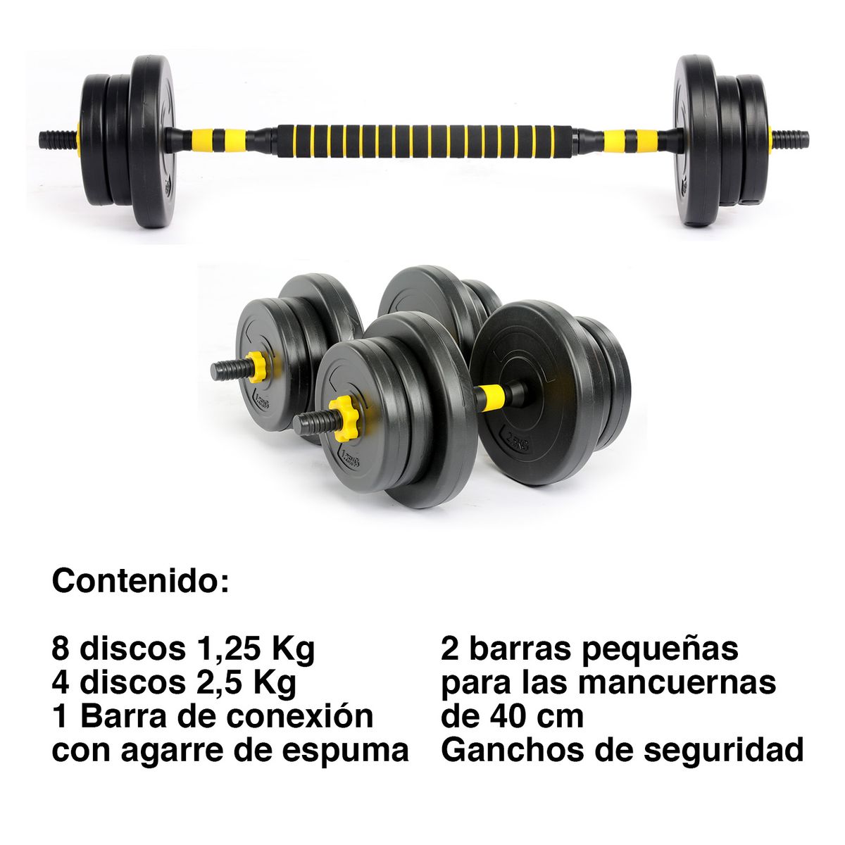 ATLETIS - Set Barra y Mancuernas Ajustable 20 Kg Amarillo