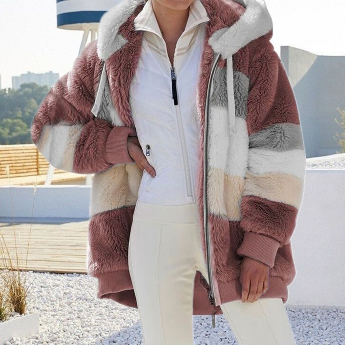 KEEJOIN - Chaqueta felpa patchwork capucha cálida cremallera suelta-Rosa