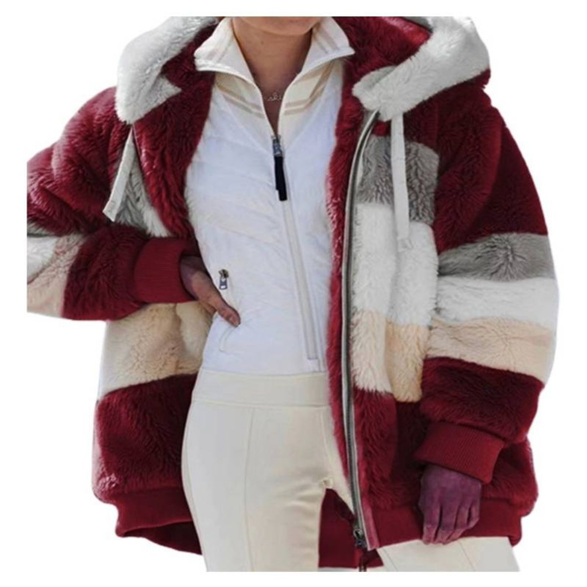 KEEJOIN - Chaqueta felpa patchwork capucha cálida cremallera suelta-Burdeos