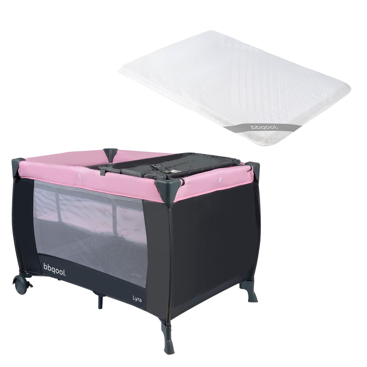 BBQOOL - Cuna Playard Lyra Pink + Colchón de Viaje Plegable