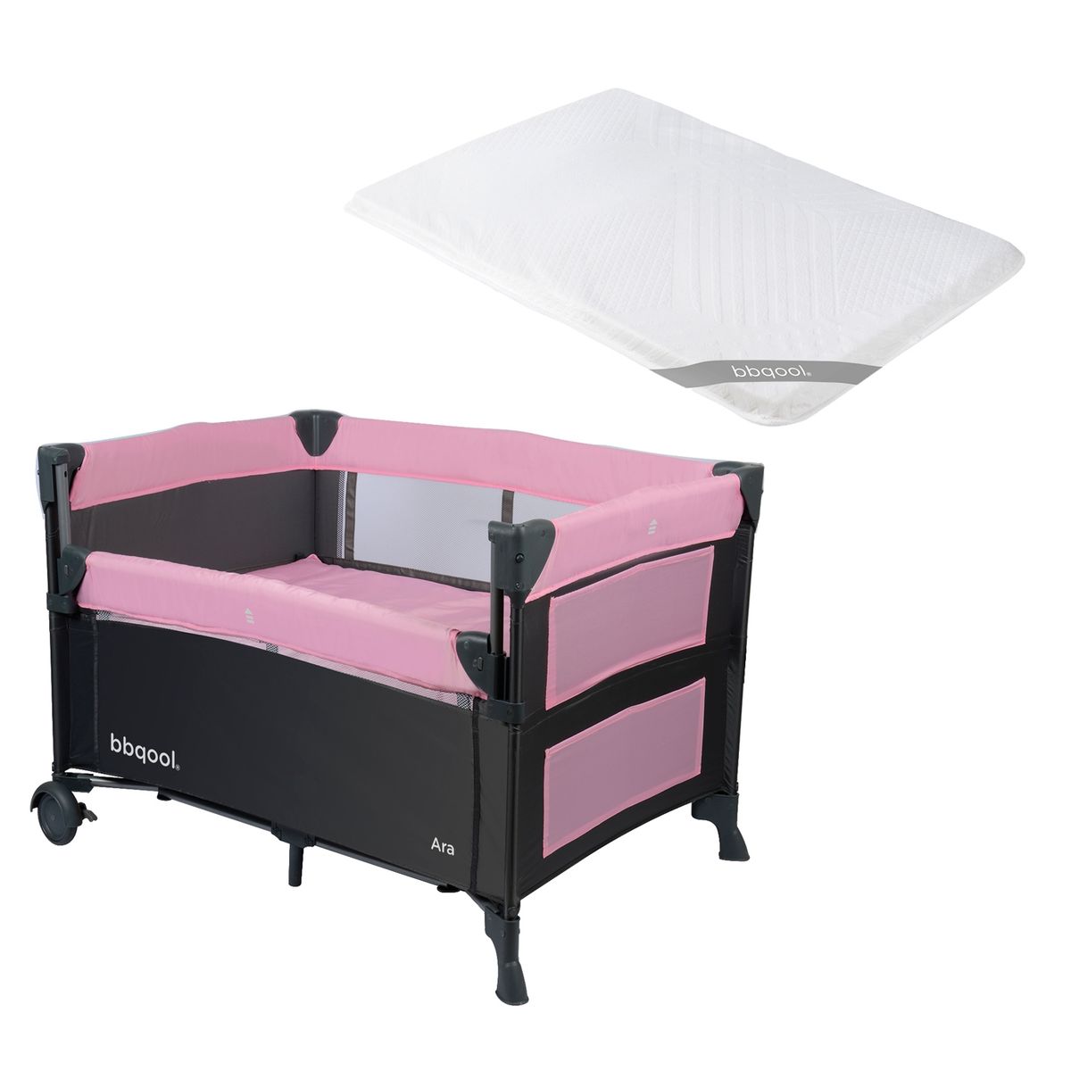 BBQOOL - Cuna Playard Colecho Ara Pink + Colchón de Viaje Plegable