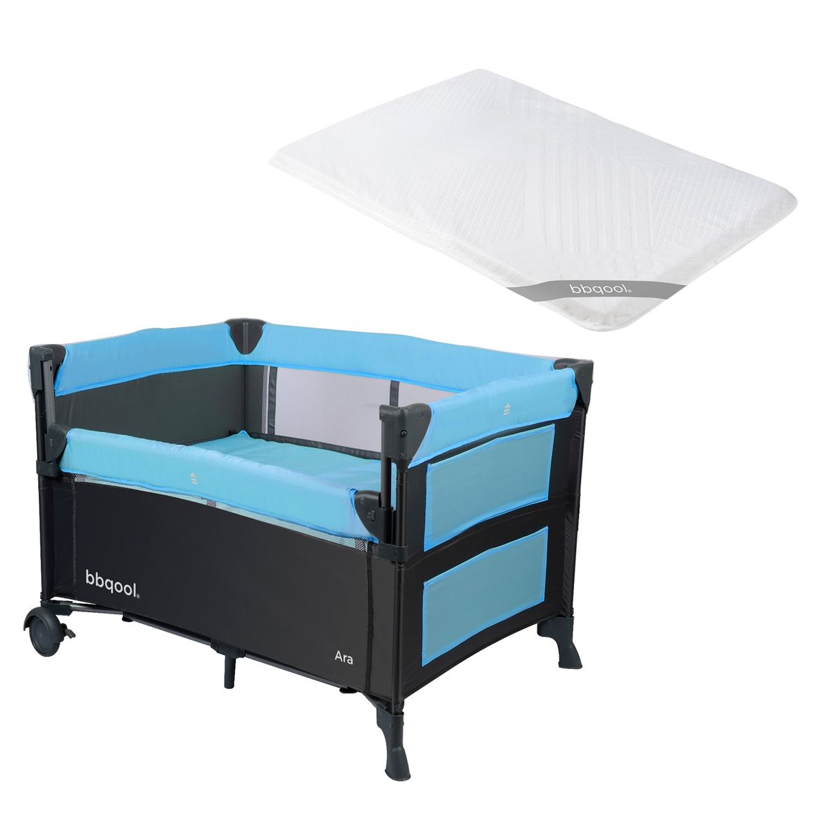 BBQOOL - Cuna Playard Colecho Ara Blue + Colchón de Viaje Plegable