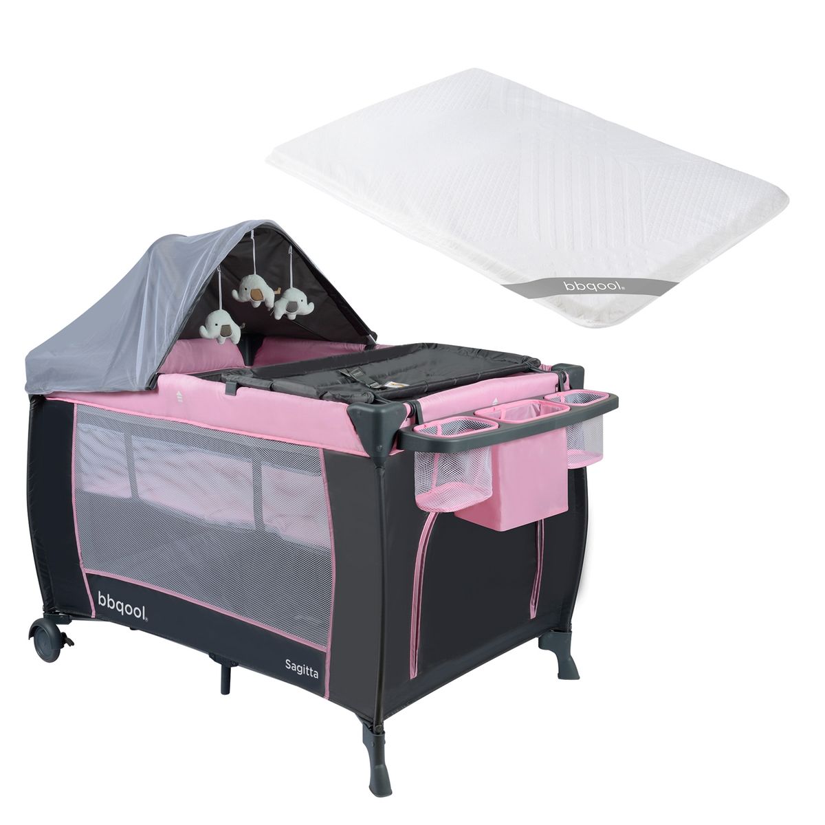 BBQOOL - Cuna Playard Sagitta Pink + Colchón de Viaje Plegable