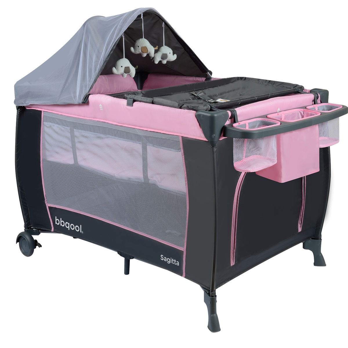 BBQOOL - Cuna Playard Sagitta Pink + Colchón de Viaje Plegable