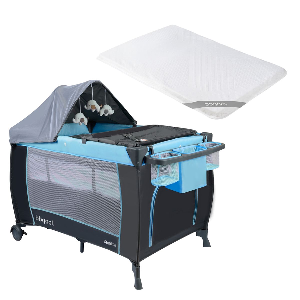BBQOOL - Cuna Playard Sagitta Blue + Colchón de Viaje Plegable