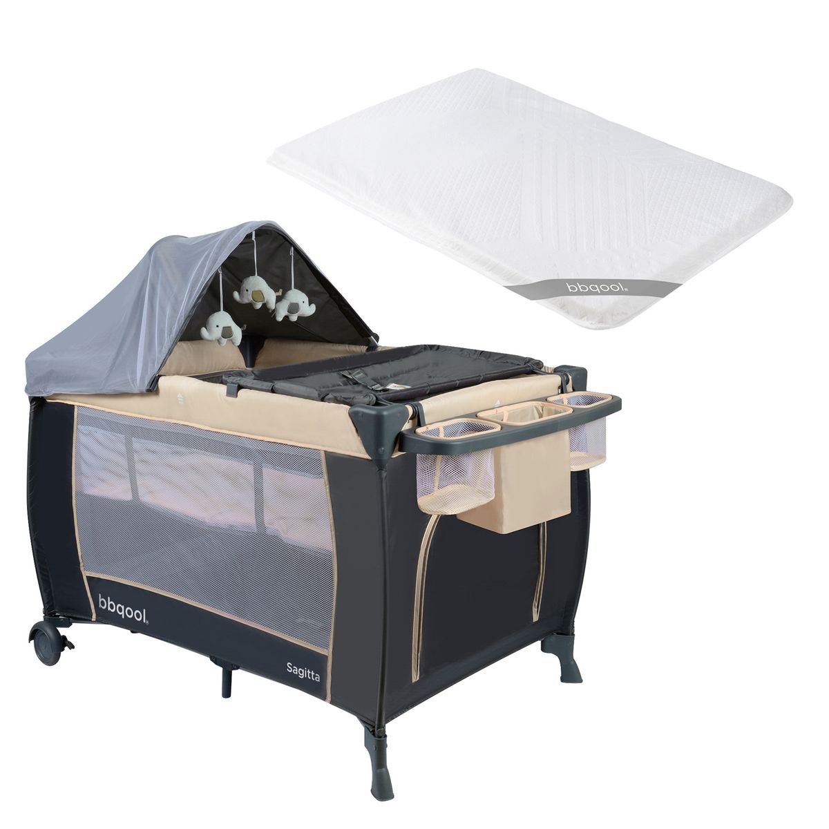 BBQOOL - Cuna Playard Sagitta Beige + Colchón de Viaje Plegable
